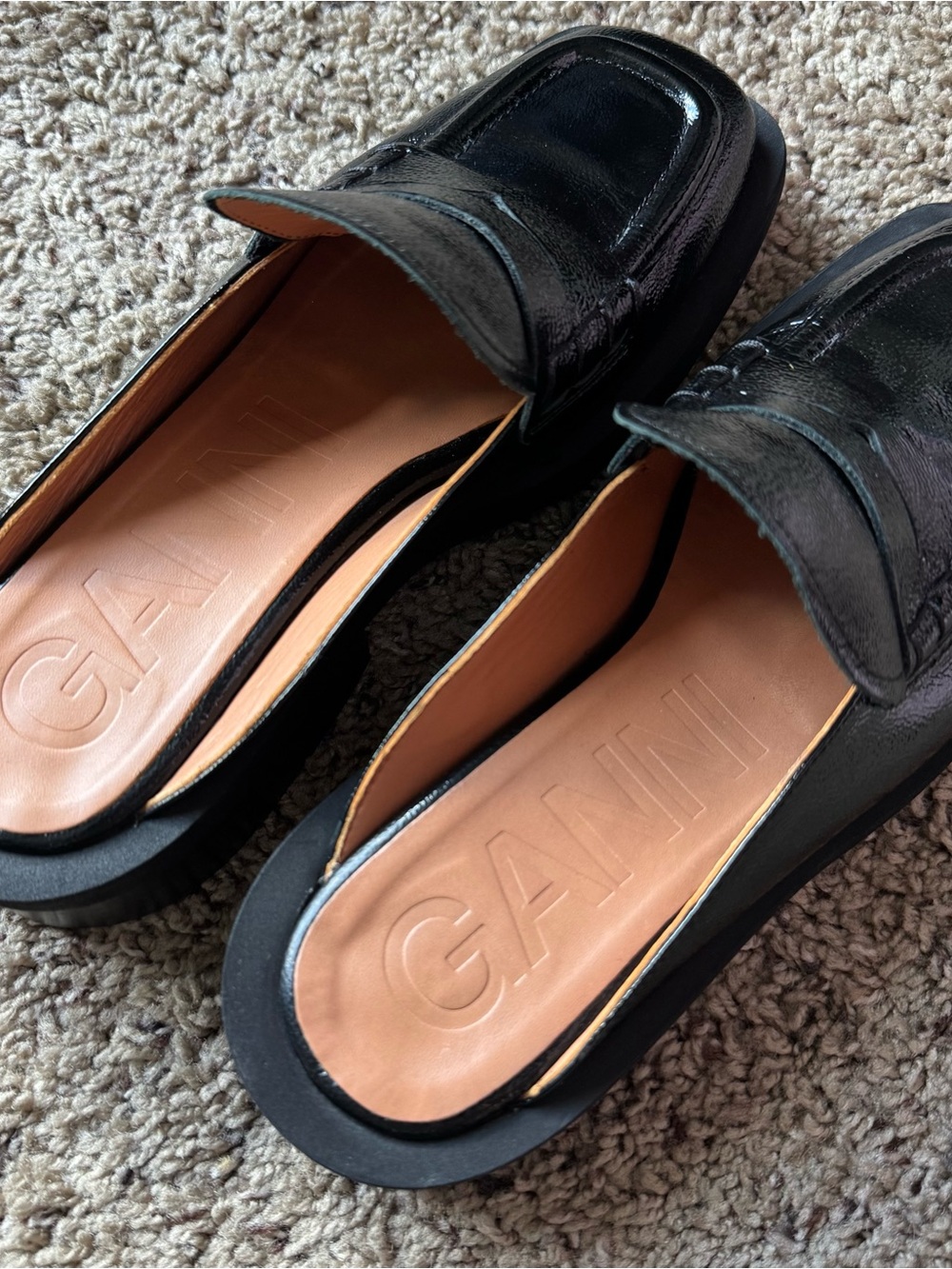 Ganni Square-Toe Backless Leather Heeled Loafer Black Size 7 in US /EU38 - Picture 5 of 13
